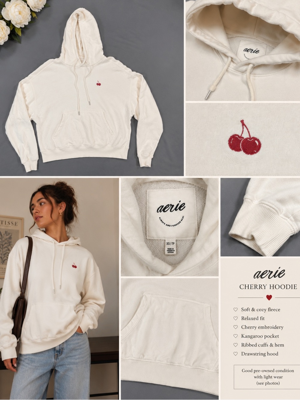 Soft Girl Cherry Hoodie Cozy White Aerie Sweatshirt Size XS
